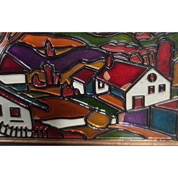 Vtg Enamel on Embossed Copper Village Mounted Autumn Fall Picture Wall Art - Picture 5 of 11